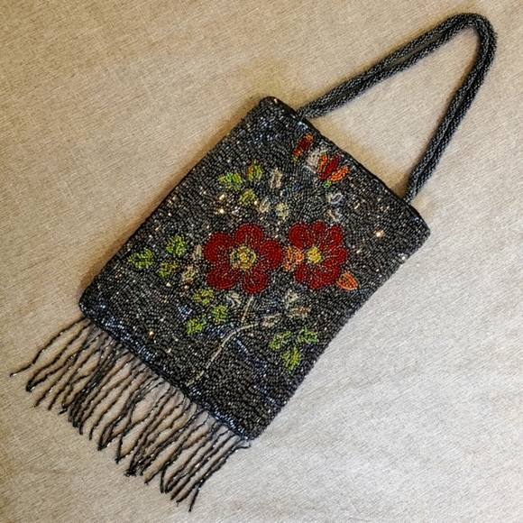 Avenue Handbags - Beaded Purse Bag Floral Navy Blue Flowers Fringe